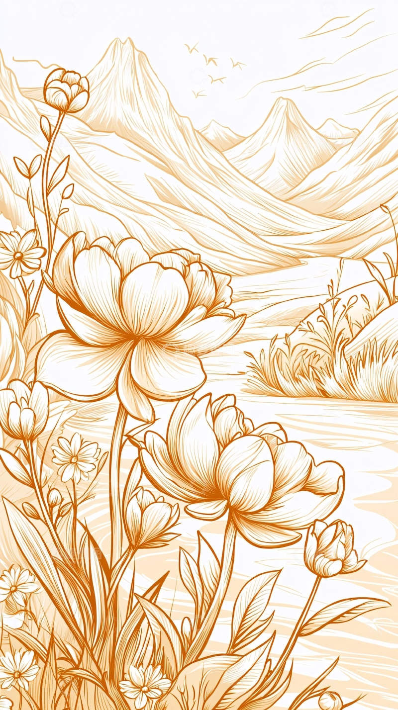 高清大图下载【趣麦麦图】山间野花风景线描图