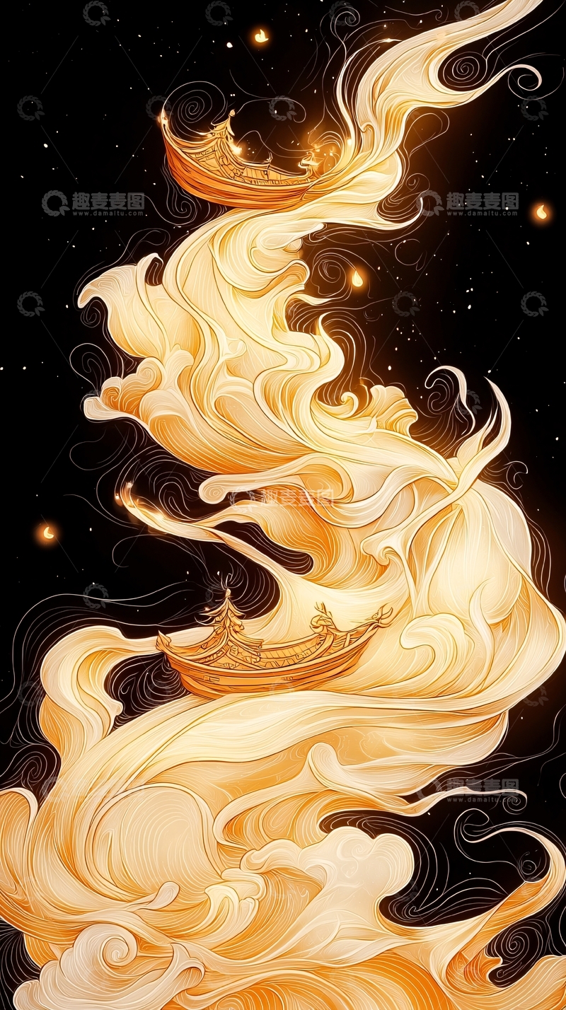 高清大图下载【趣麦麦图】金色祥云中的古船