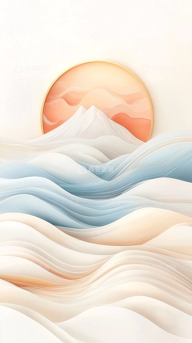 高清大图下载【趣麦麦图】抽象山海日落风景插画