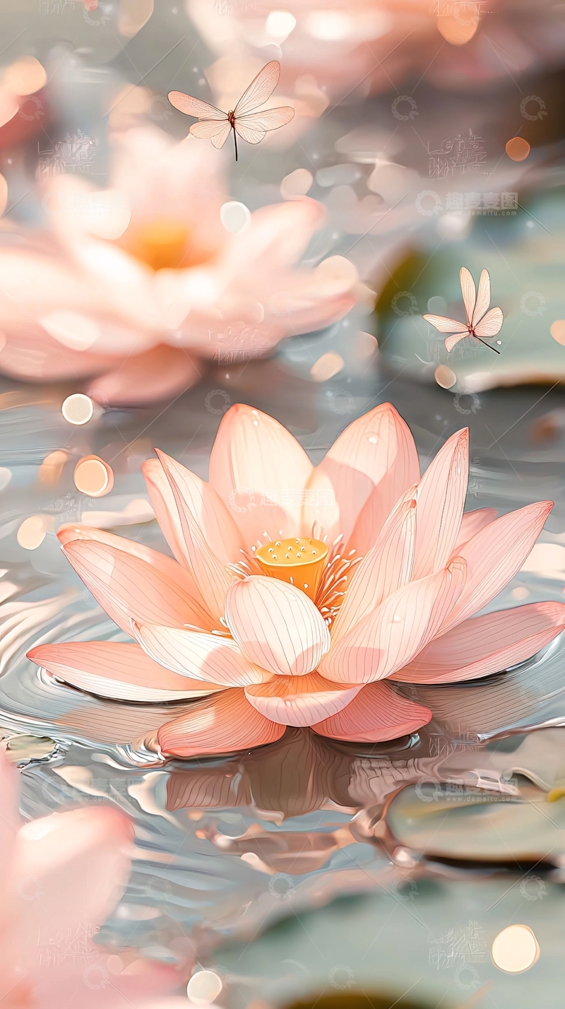 高清大图下载【趣麦麦图】粉莲花蜻蜓水景插画