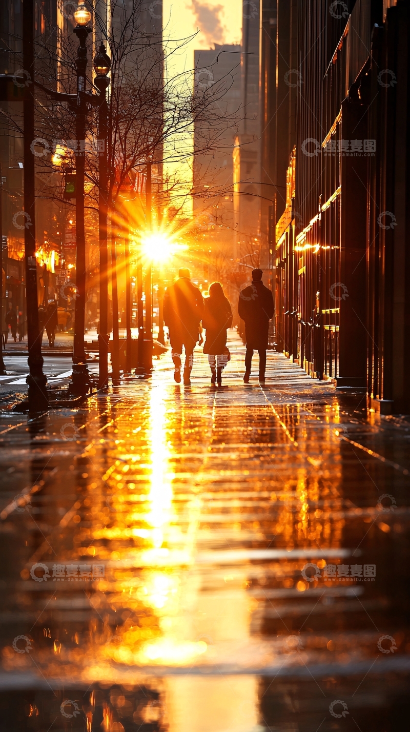 高清大图下载【趣麦麦图】雨后城市日落行人