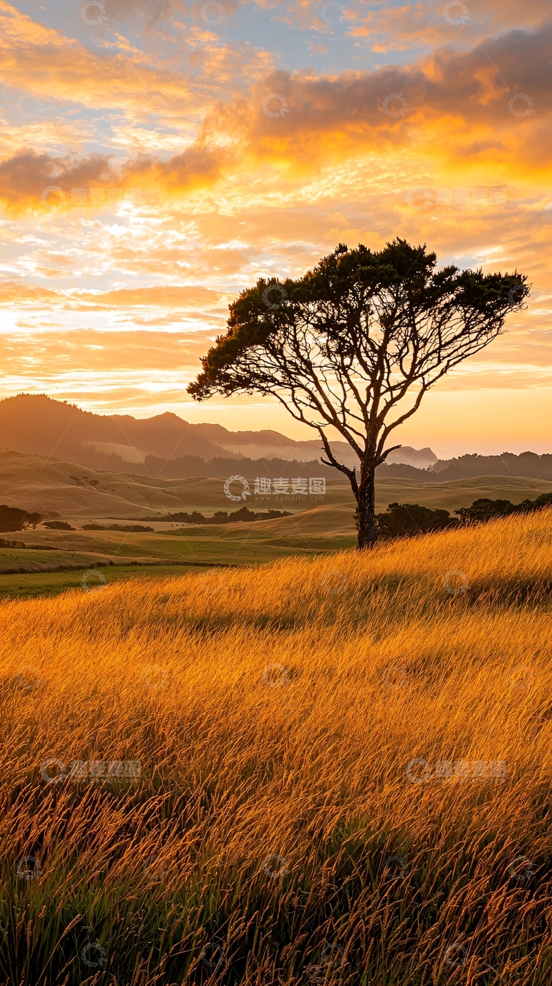 高清大图下载【趣麦麦图】夕阳下的孤独树