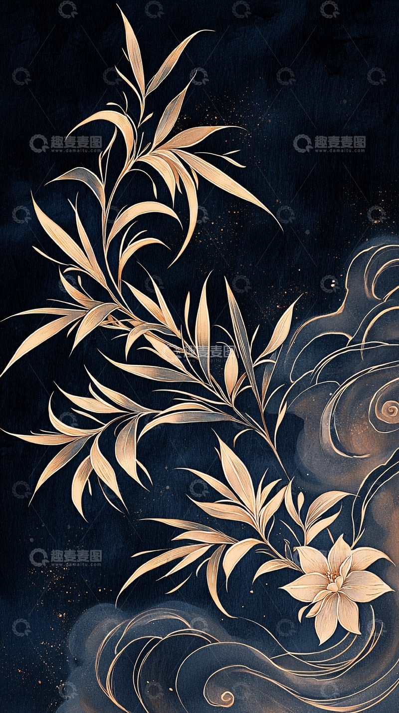 高清大图下载【趣麦麦图】金色花卉与夜空的艺术插画