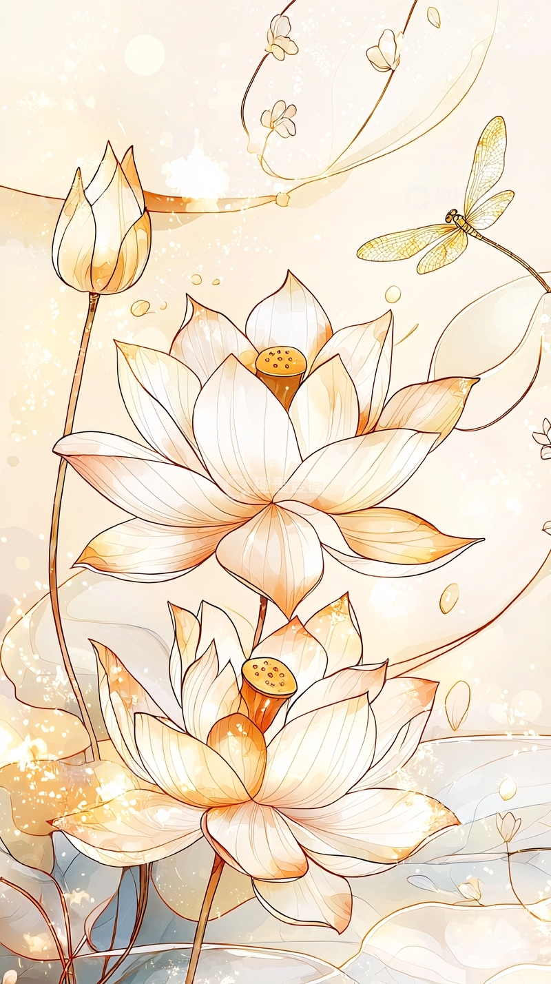 高清大图下载【趣麦麦图】金色莲花与蜻蜓插画背景