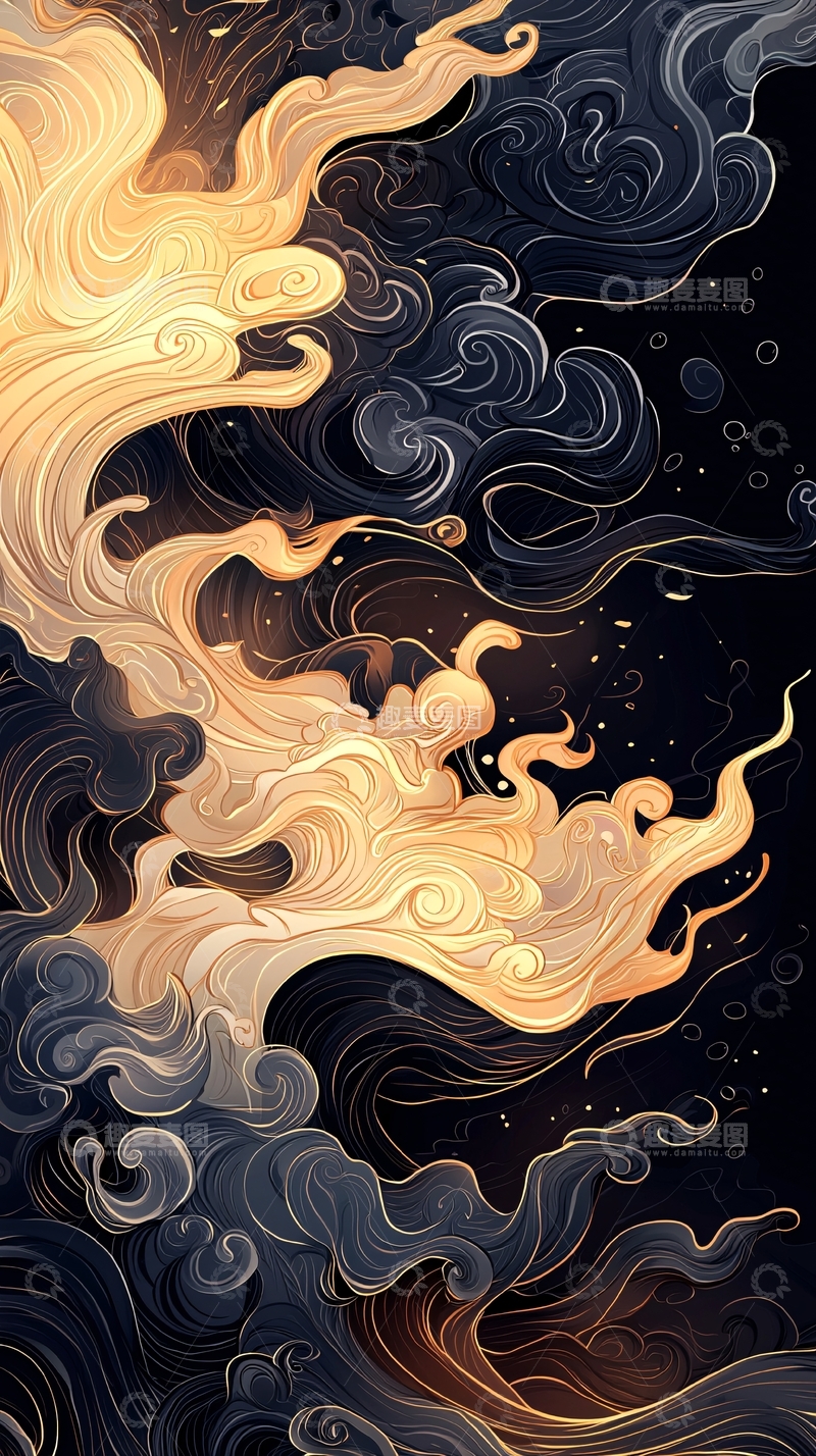 高清大图下载【趣麦麦图】金色云雾与黑色背景的艺术插画