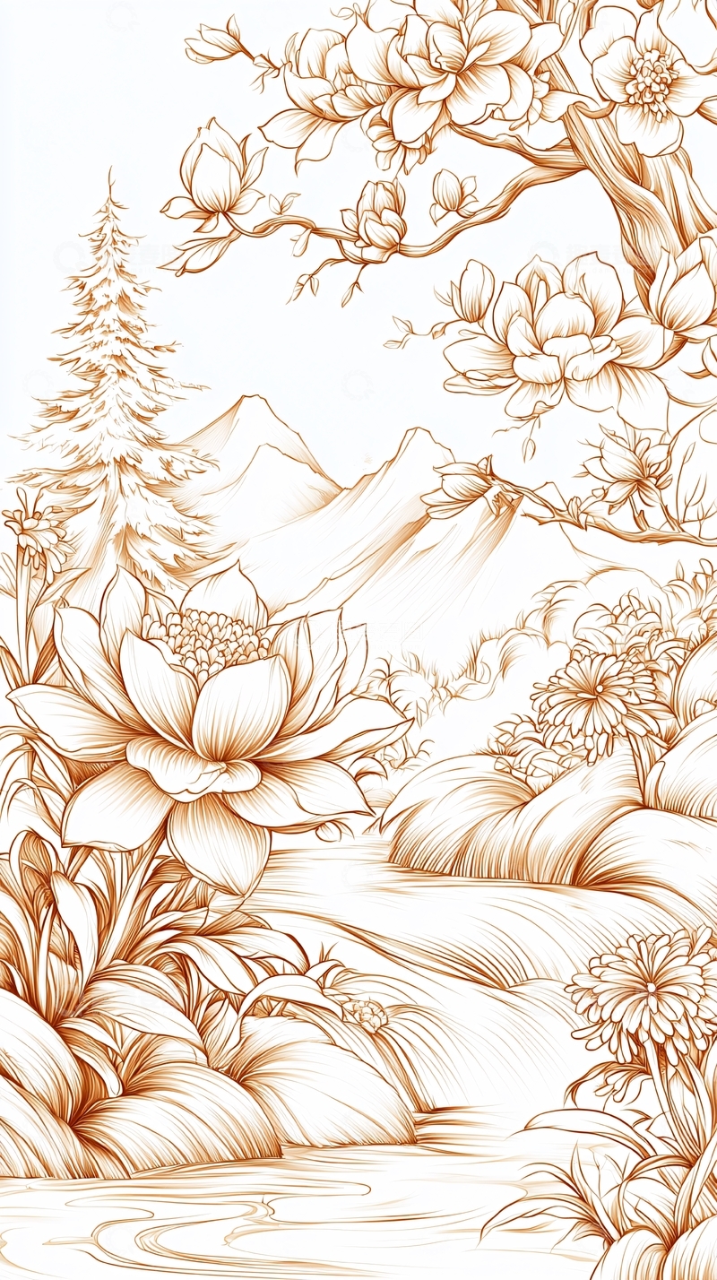 高清大图下载【趣麦麦图】山水花鸟线描插画背景图