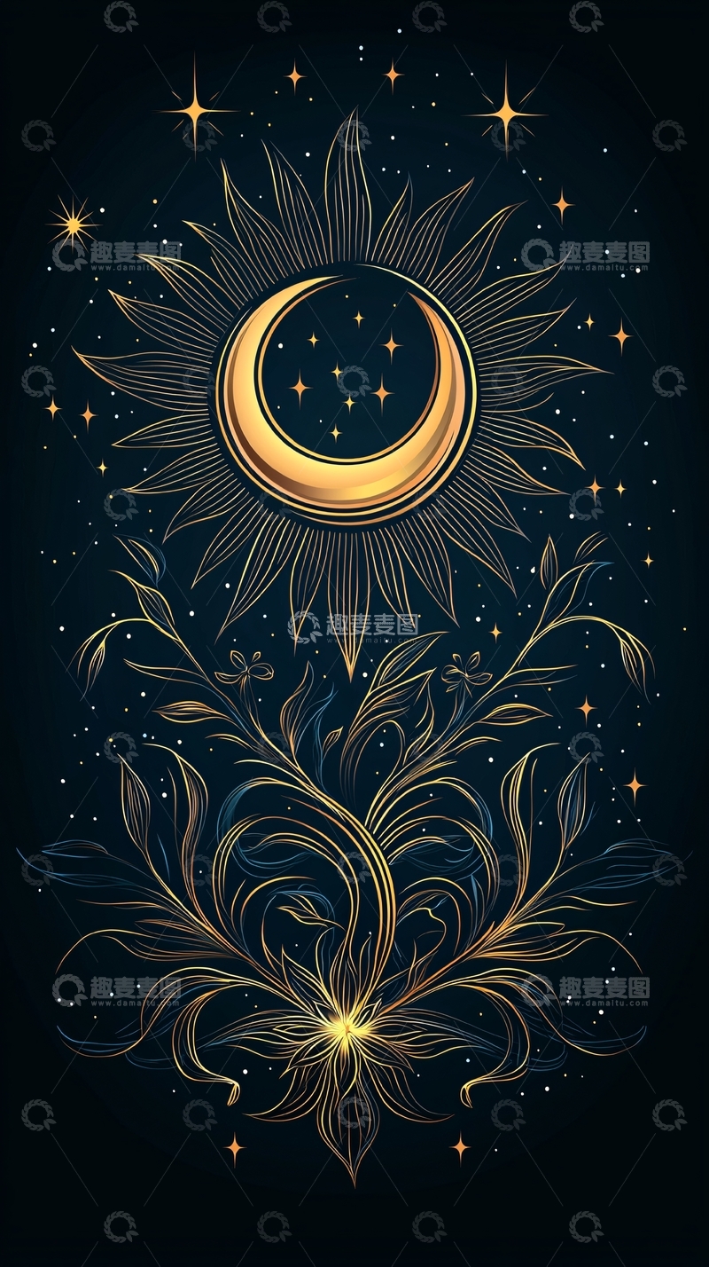 高清大图下载【趣麦麦图】夜空下的月亮与花朵