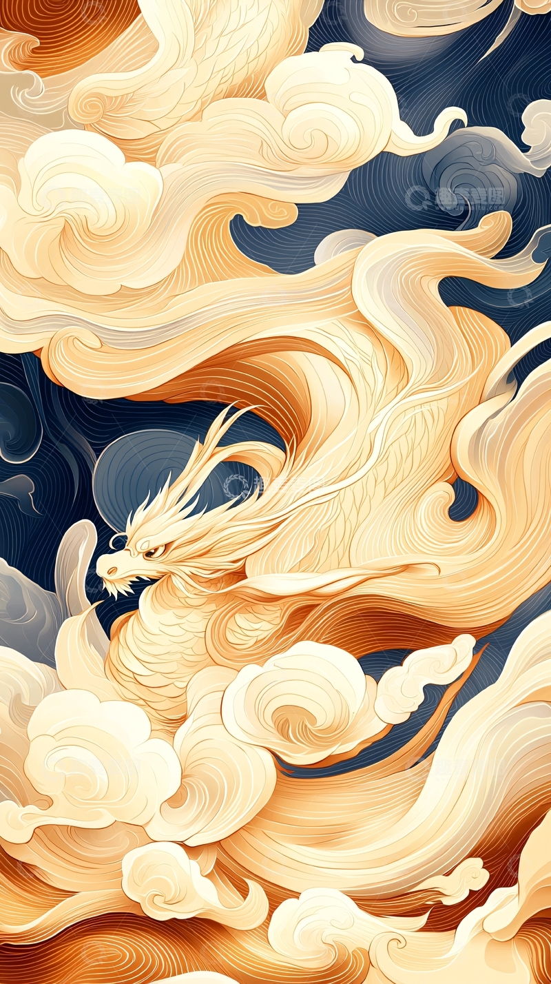高清大图下载【趣麦麦图】金色龙与云彩的艺术插画