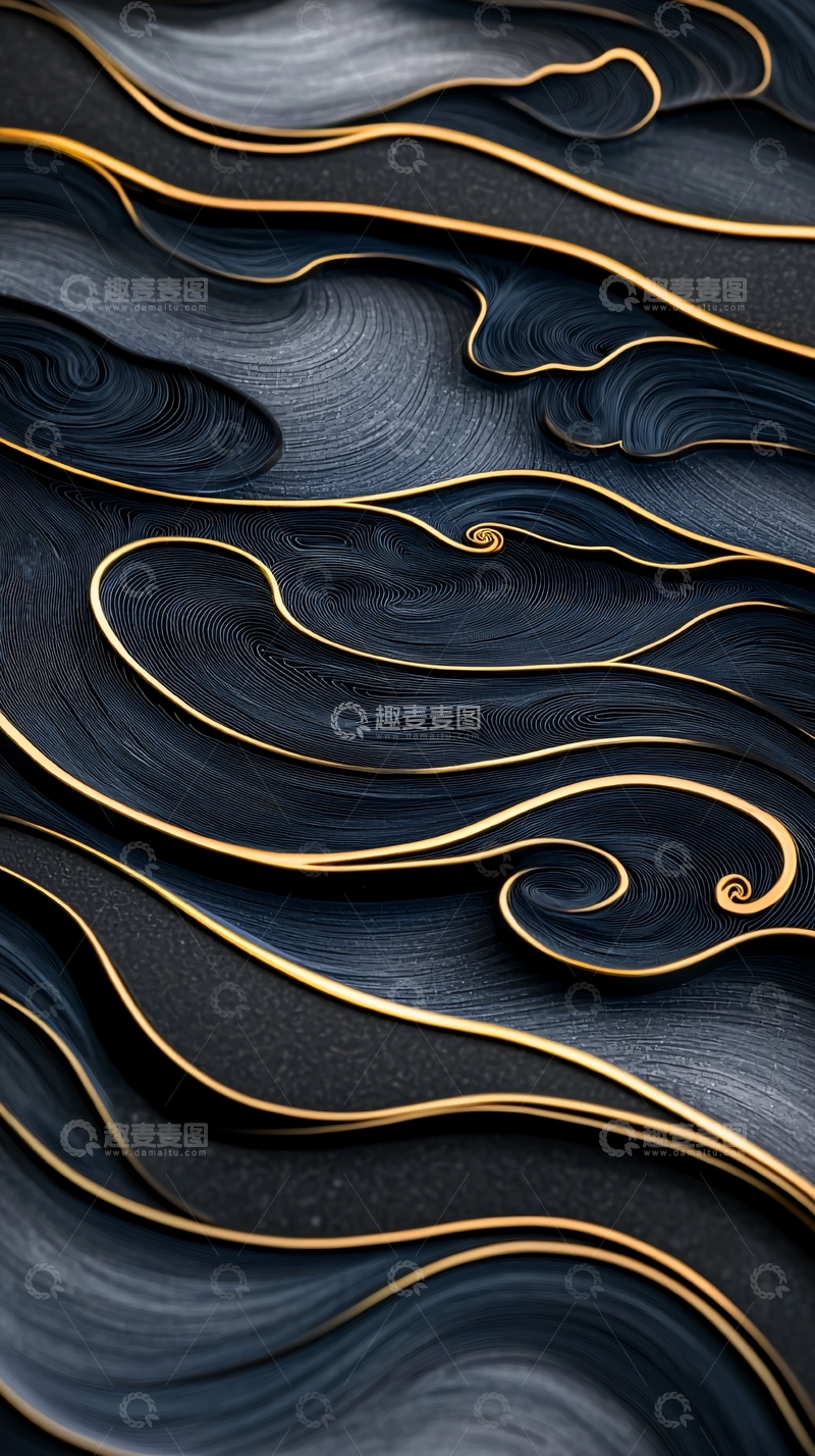 高清大图下载【趣麦麦图】金色线条与黑色波浪抽象艺术背景