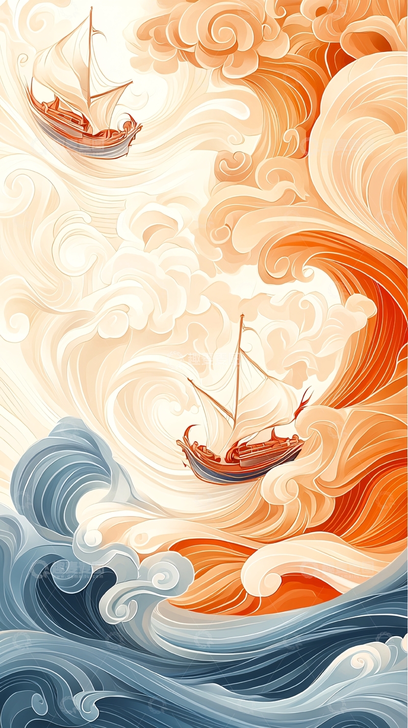 高清大图下载【趣麦麦图】风帆与巨浪的艺术插画