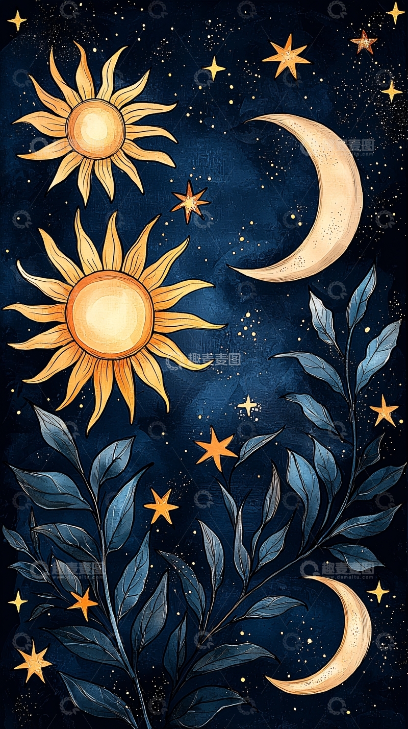 高清大图下载【趣麦麦图】日月星辰与植物插画