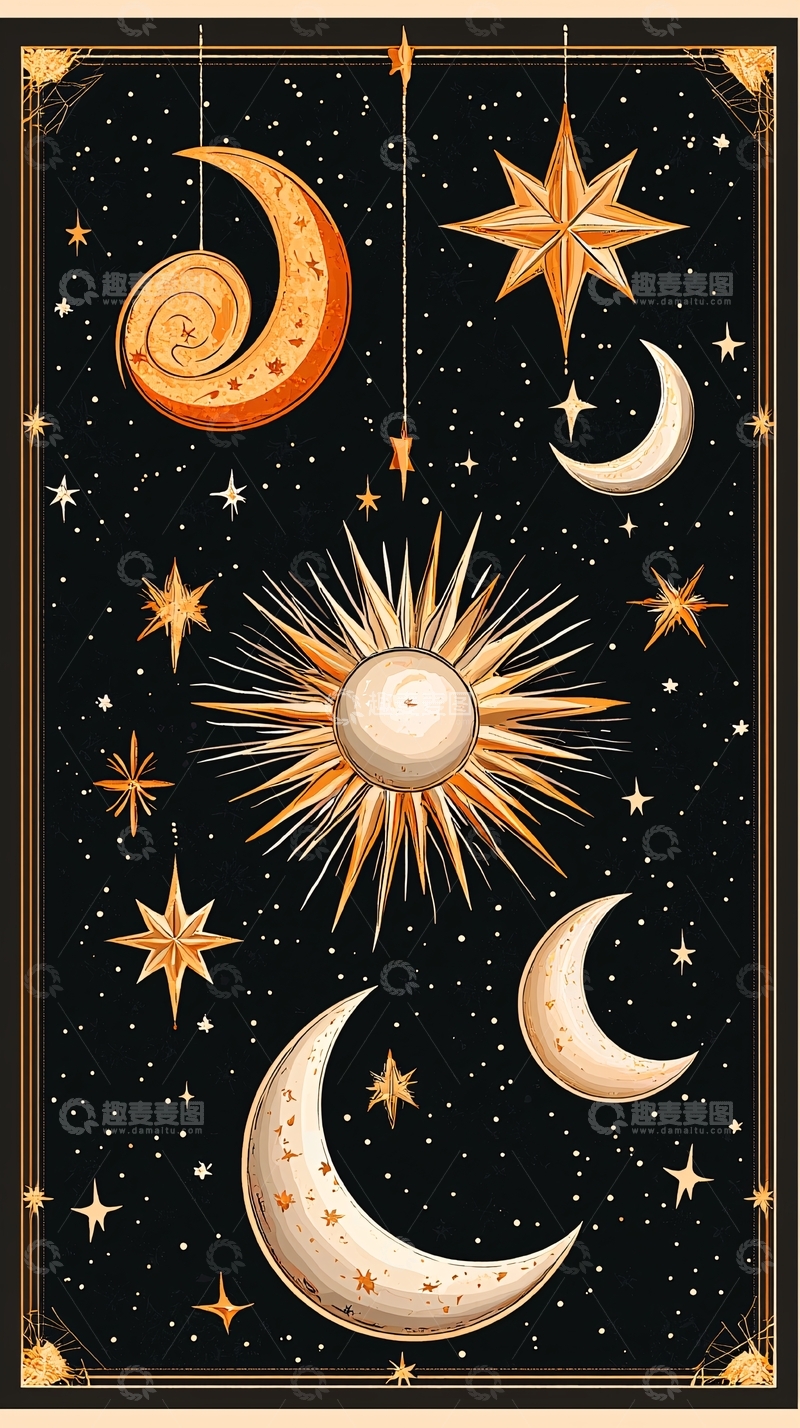 高清大图下载【趣麦麦图】梦幻星空与月亮星星插画