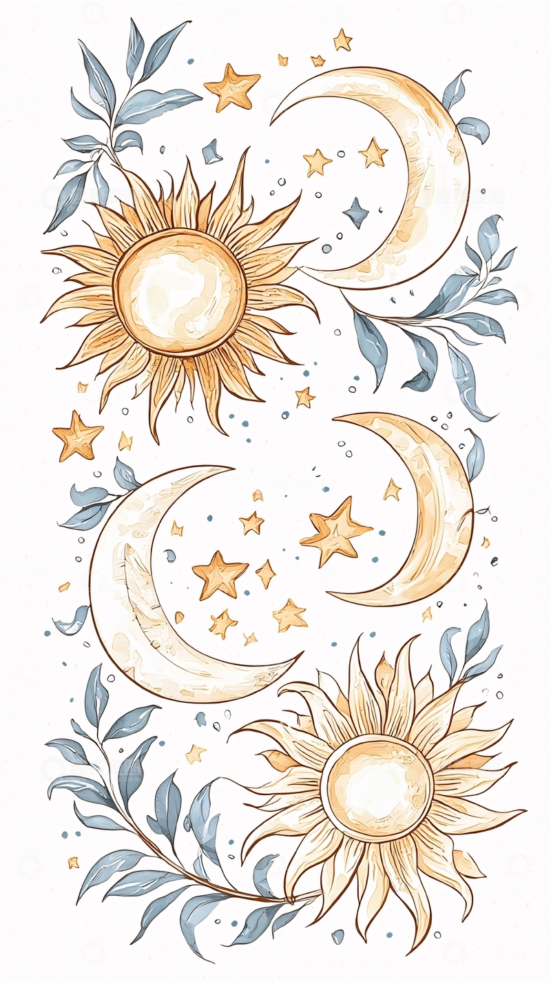 高清大图下载【趣麦麦图】日月星辰手绘插画素材