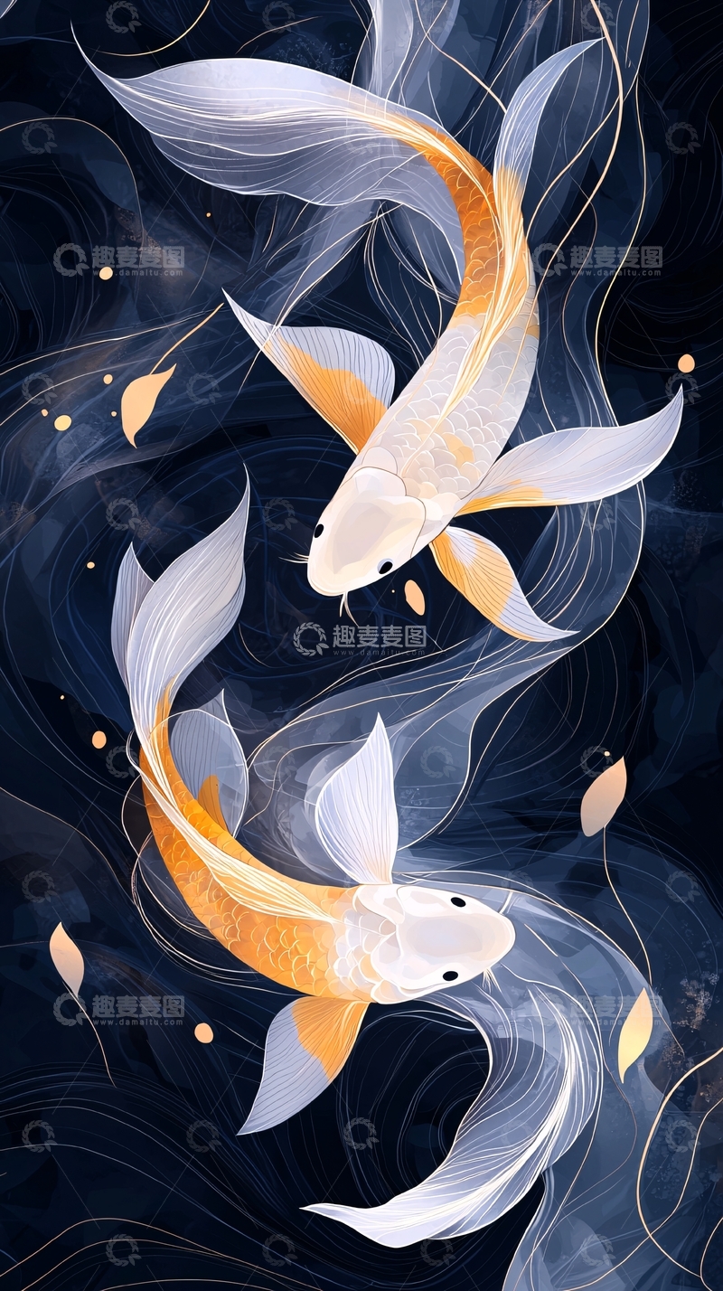 高清大图下载【趣麦麦图】金鱼梦幻夜景插画