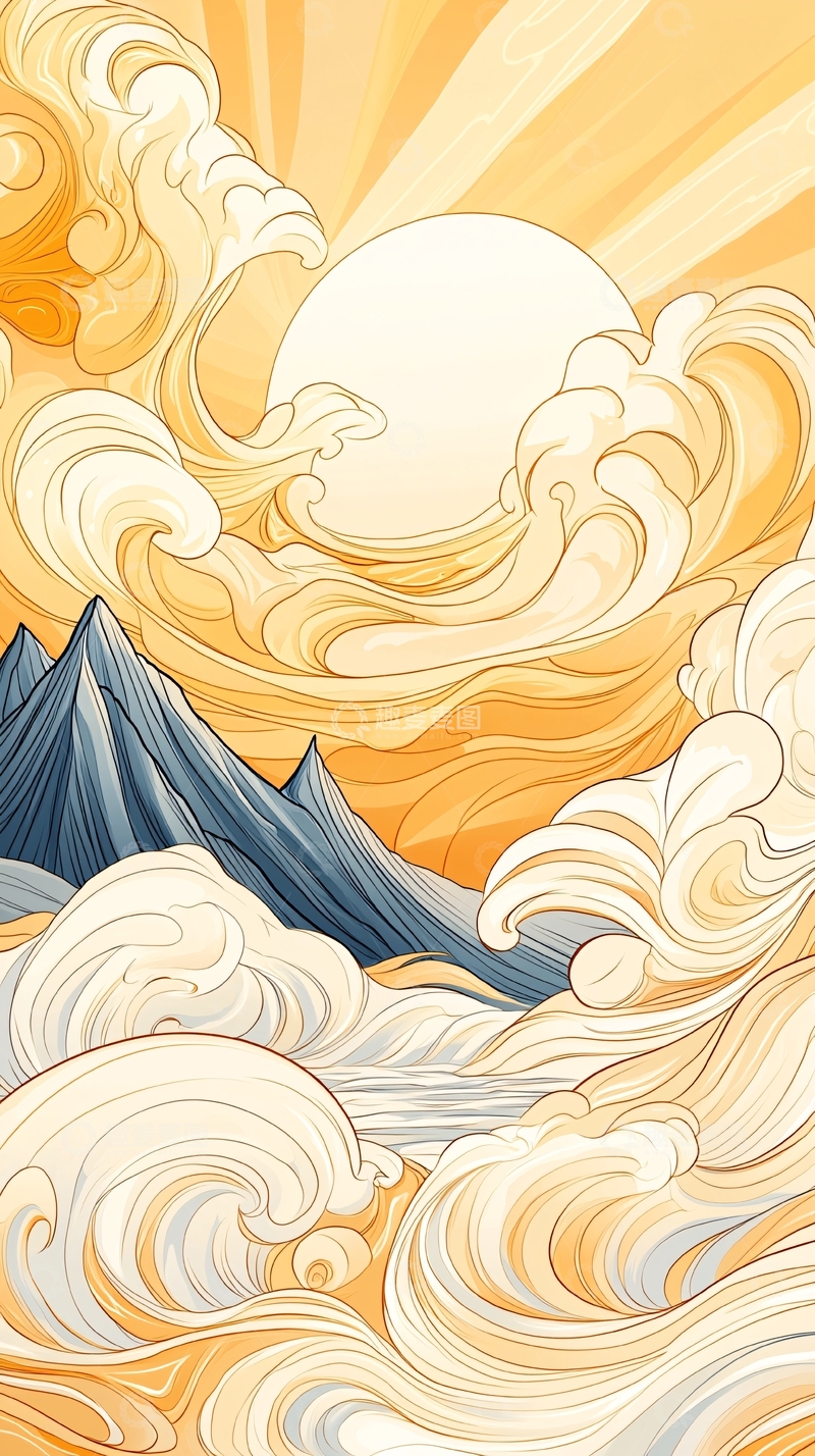 高清大图下载【趣麦麦图】日出云海山峰插画背景