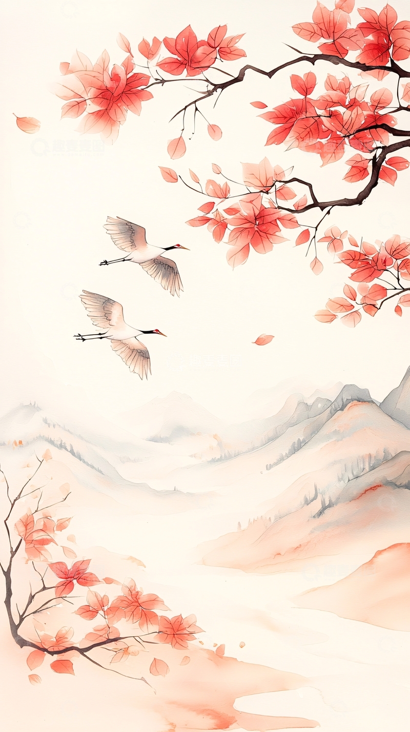 高清大图下载【趣麦麦图】秋日山间鹤舞图