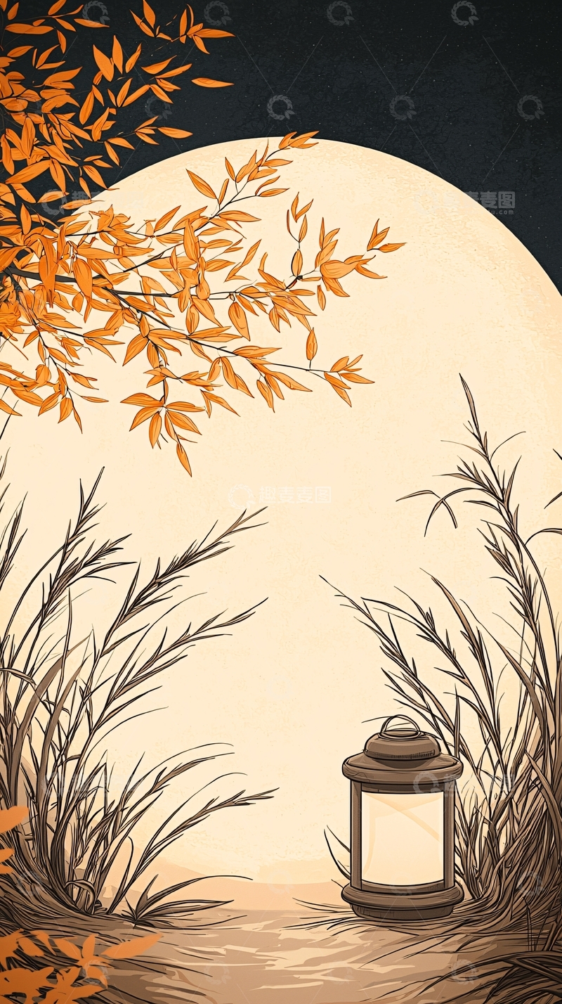 高清大图下载【趣麦麦图】秋夜月光下的灯笼与芦苇