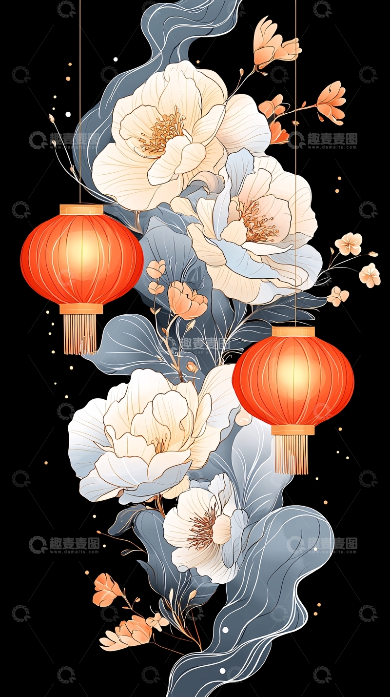 高清大图下载【趣麦麦图】灯笼与花卉装饰背景图