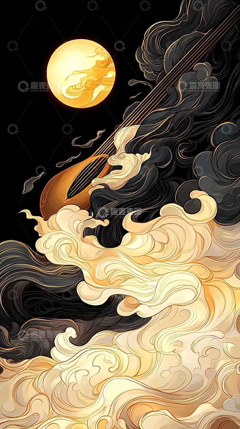 高清大图下载【趣麦麦图】月夜琴声与云雾