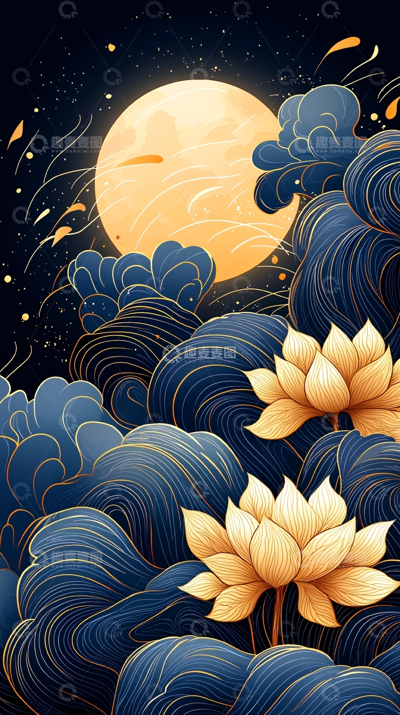 高清大图下载【趣麦麦图】月夜莲花波浪纹背景