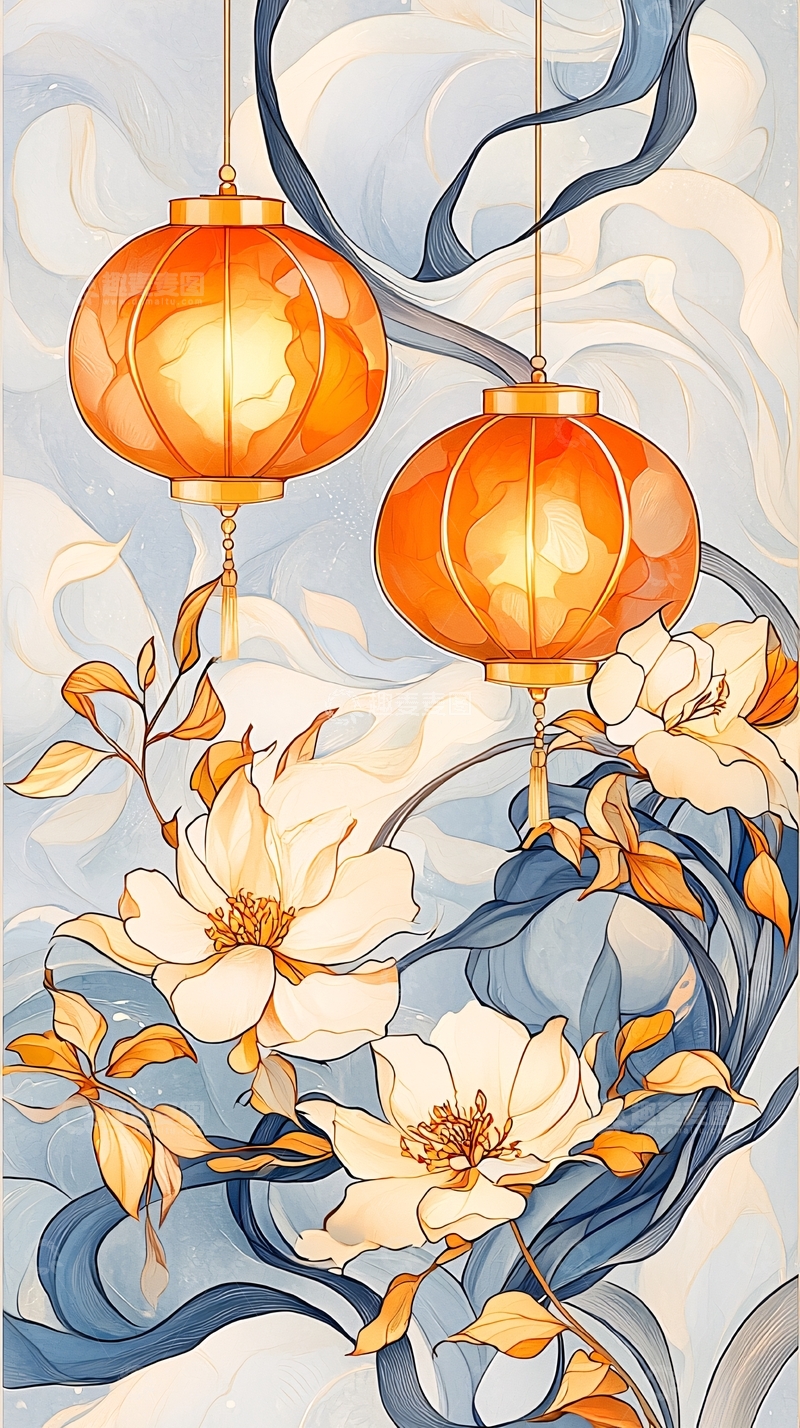 高清大图下载【趣麦麦图】灯笼与花卉的艺术插画