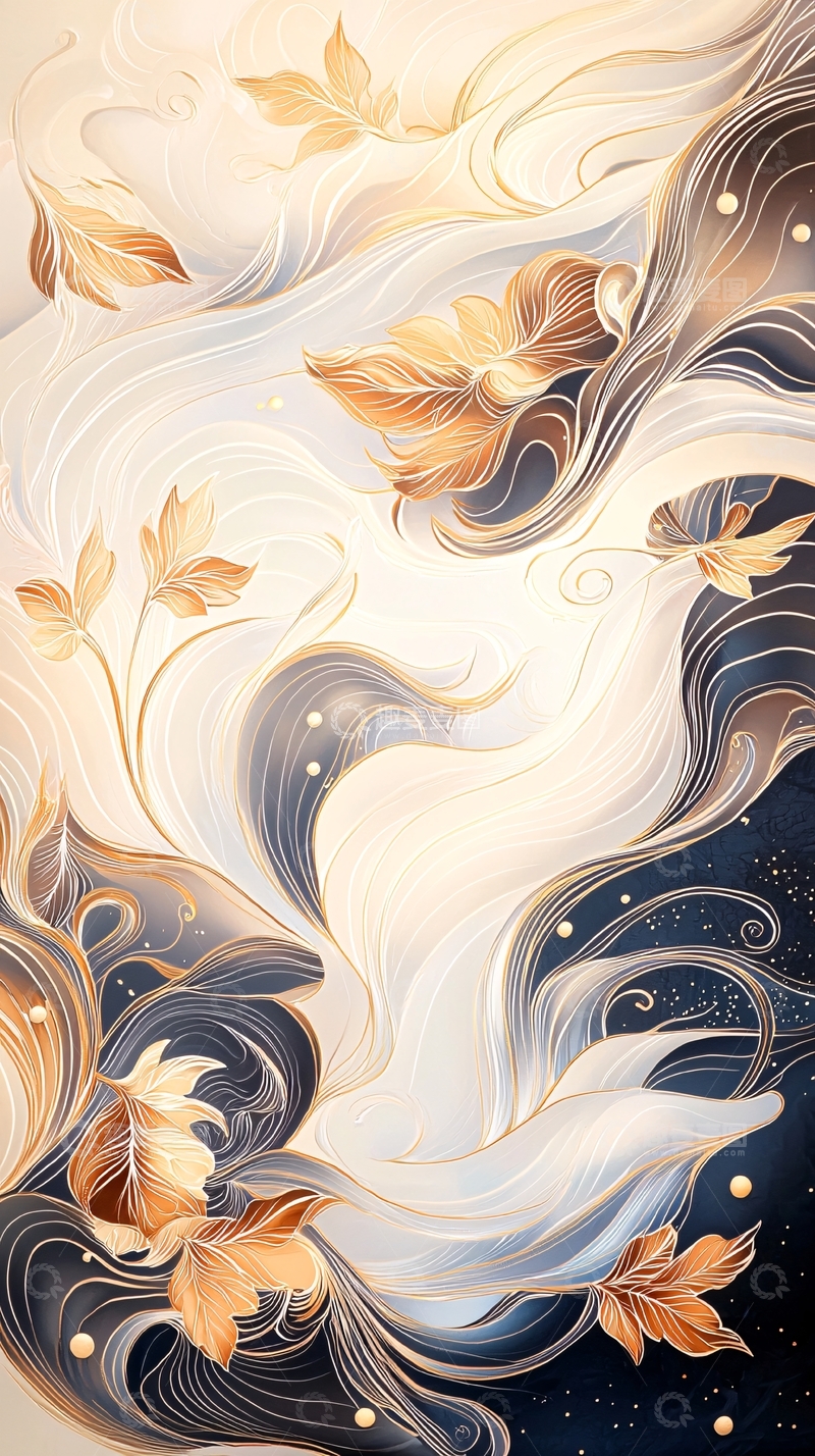 高清大图下载【趣麦麦图】金色秋叶与流动线条的艺术插画