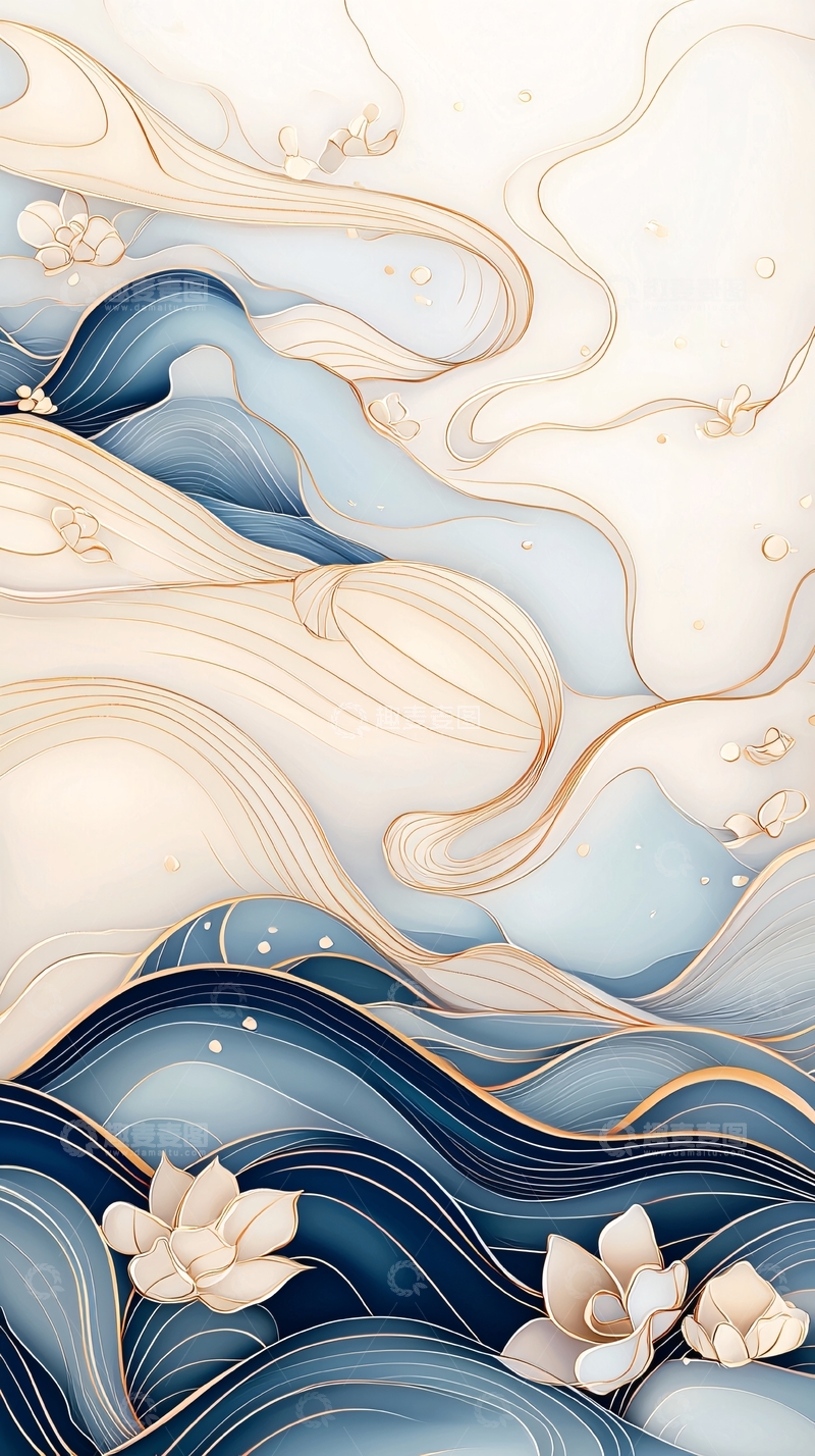 高清大图下载【趣麦麦图】波浪与莲花的艺术插画