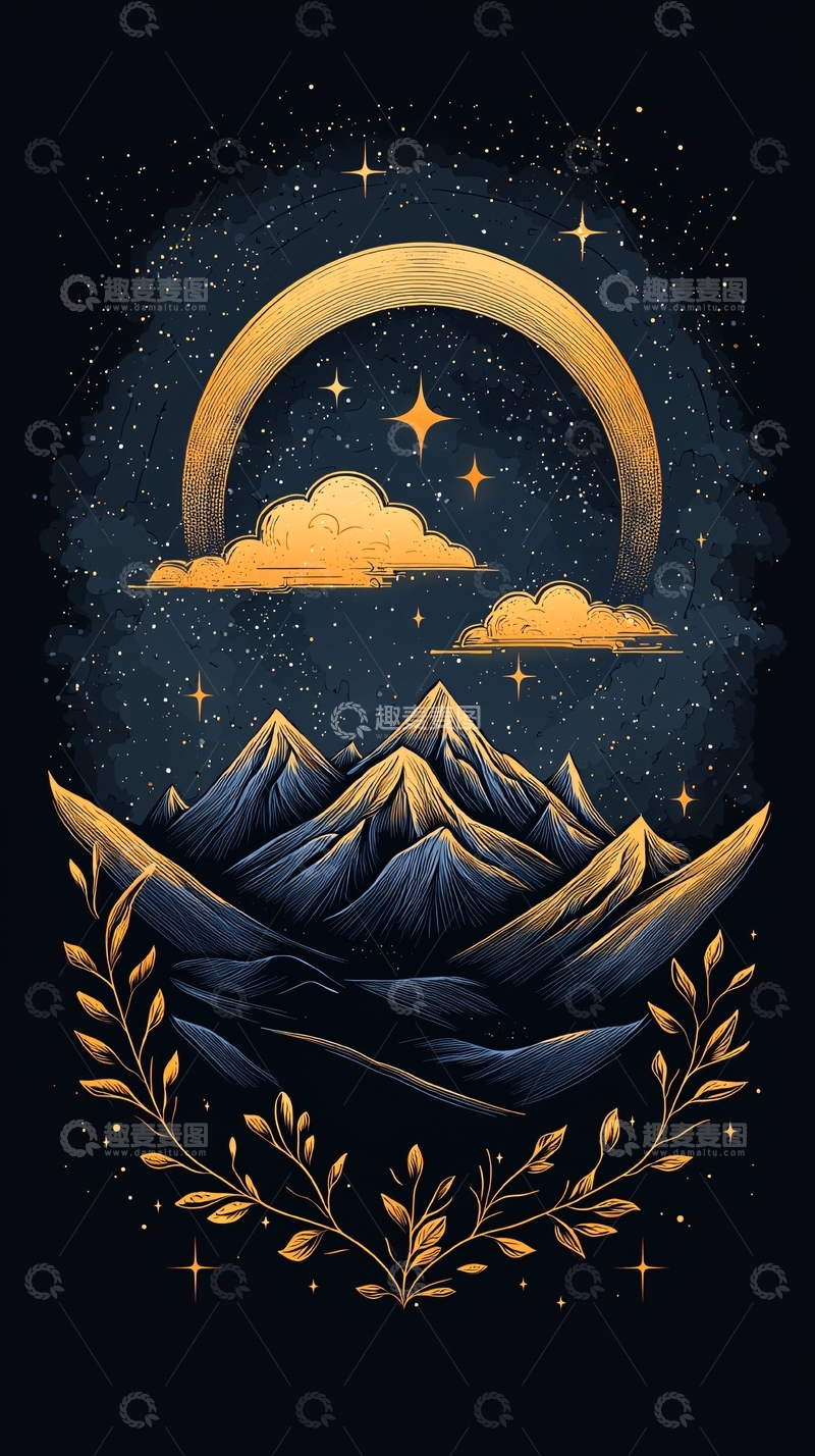 高清大图下载【趣麦麦图】夜空下的山峰与月亮插画
