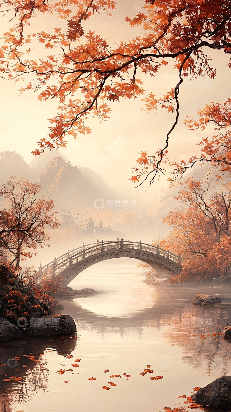 高清大图下载【趣麦麦图】秋日山水桥景