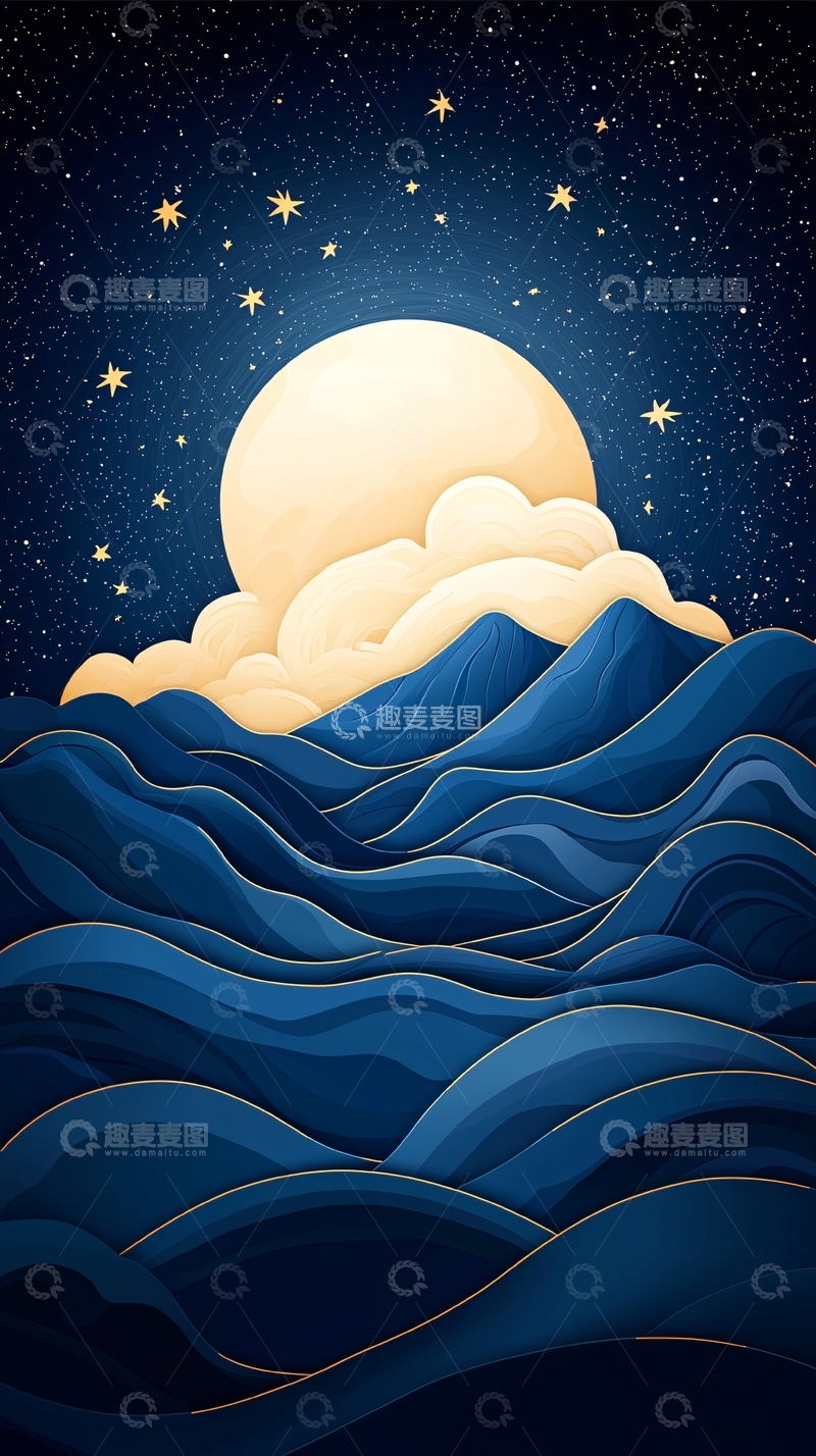高清大图下载【趣麦麦图】夜空下的波浪与满月