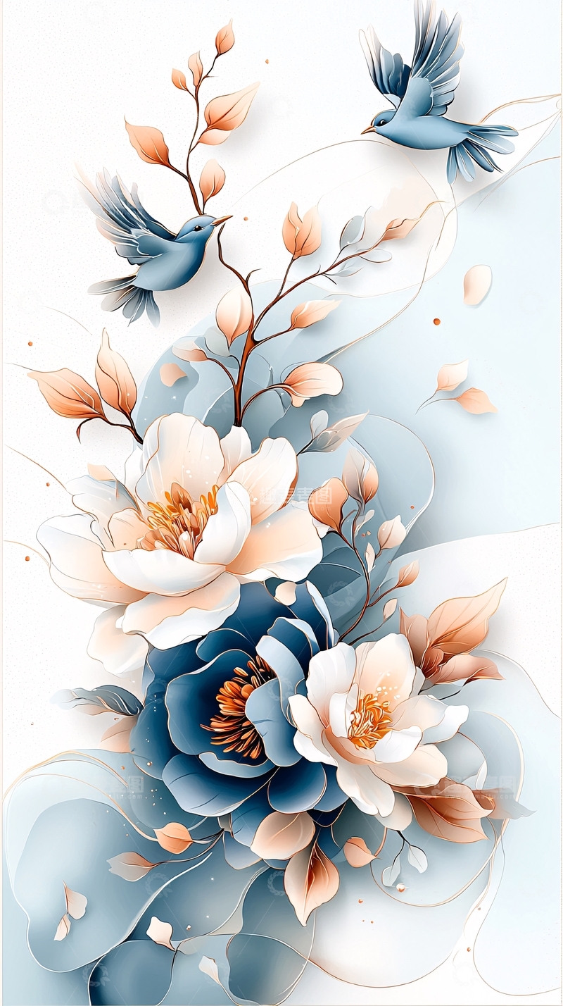 高清大图下载【趣麦麦图】蓝色花朵与飞鸟的艺术插画