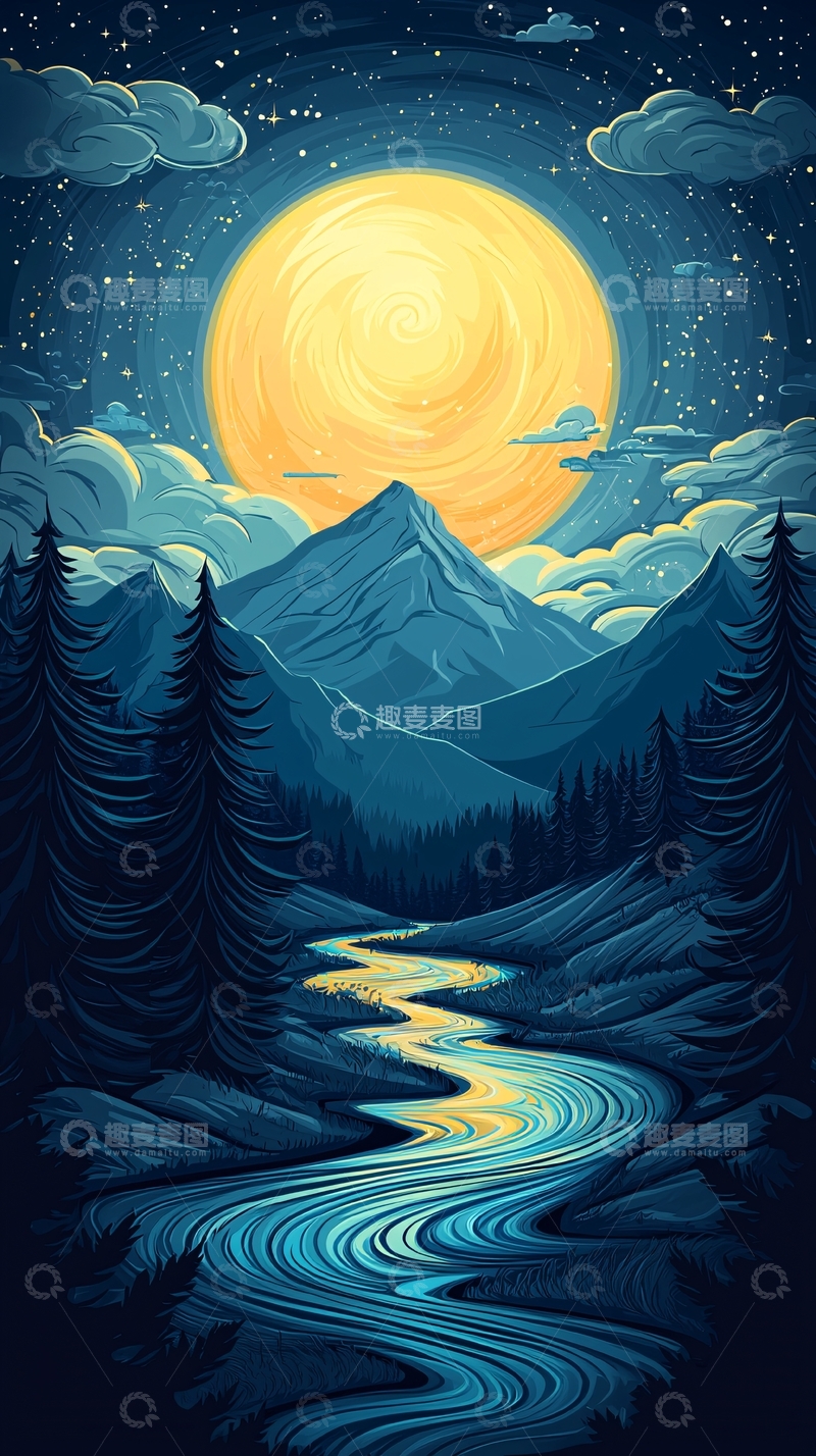高清大图下载【趣麦麦图】夜色山河月光下的河流