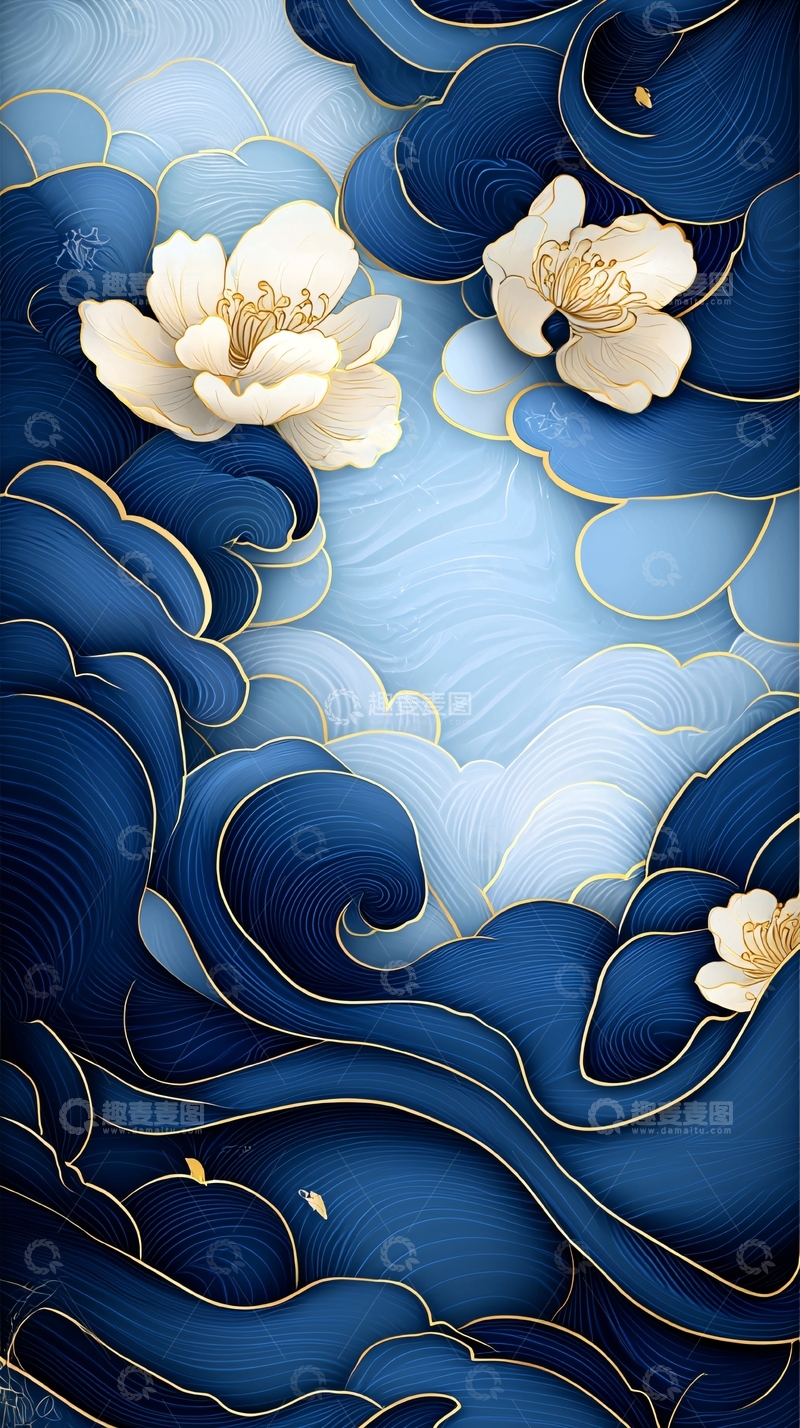 高清大图下载【趣麦麦图】蓝色波浪与金色花朵背景