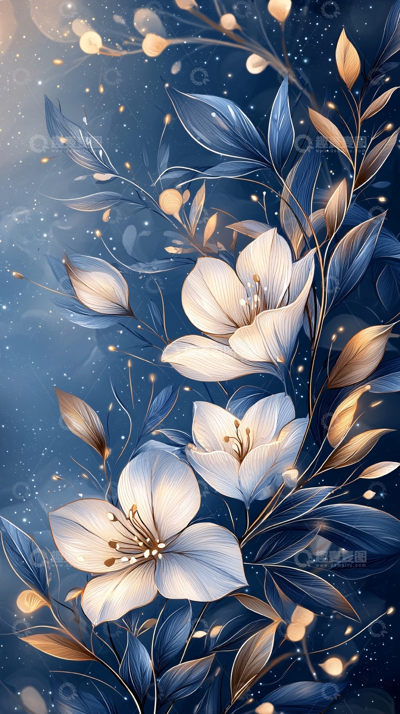 高清大图下载【趣麦麦图】梦幻夜空下的花朵插画