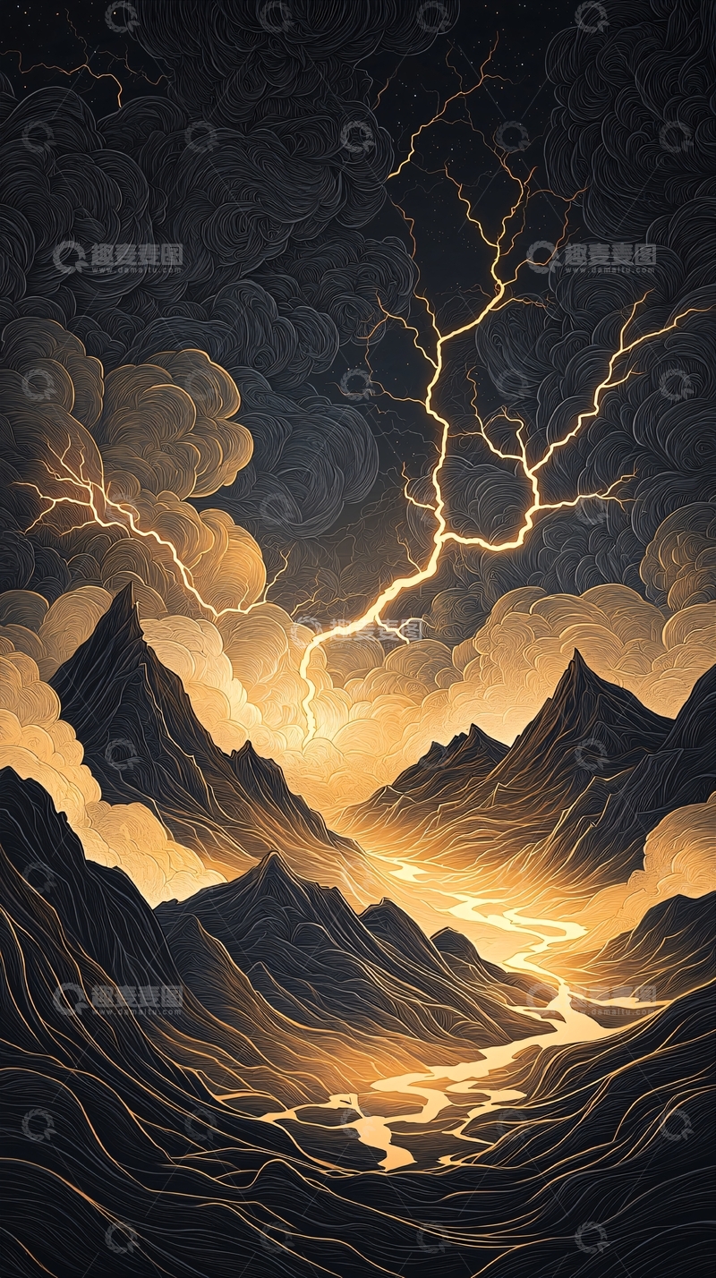 高清大图下载【趣麦麦图】闪电山河夜景