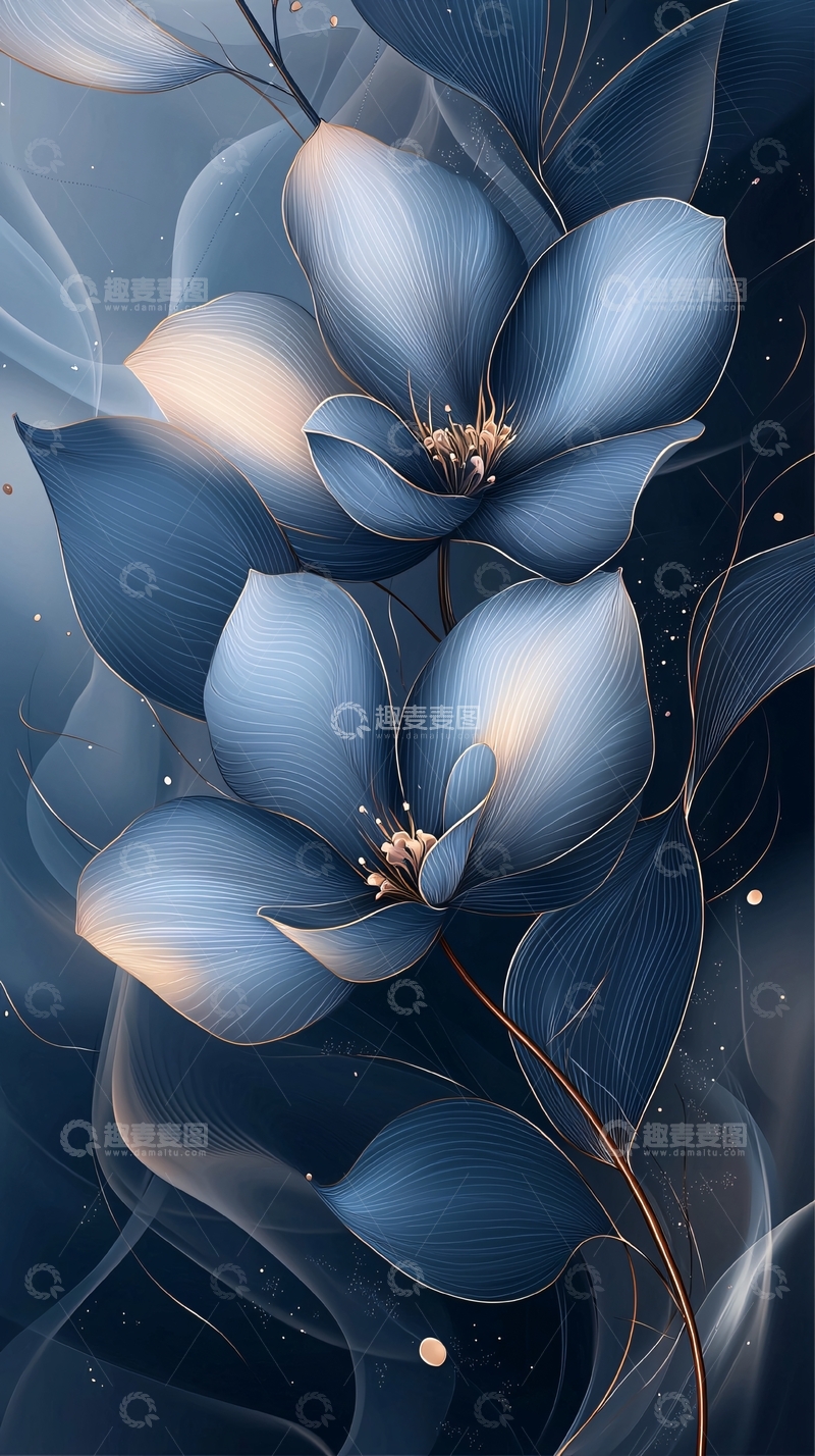 高清大图下载【趣麦麦图】蓝色花卉艺术插画背景