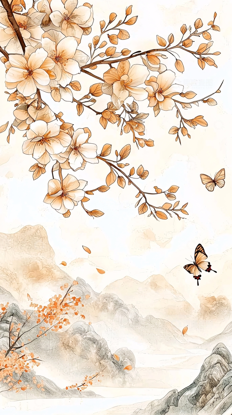 高清大图下载【趣麦麦图】秋日花蝶山水画背景图