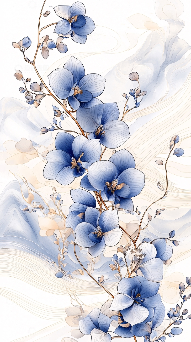高清大图下载【趣麦麦图】蓝色兰花手绘插画背景