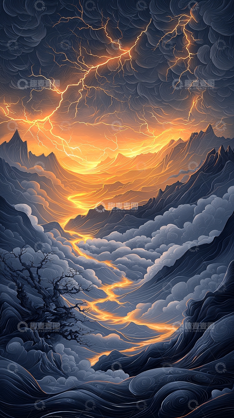 高清大图下载【趣麦麦图】雷电山川夜景