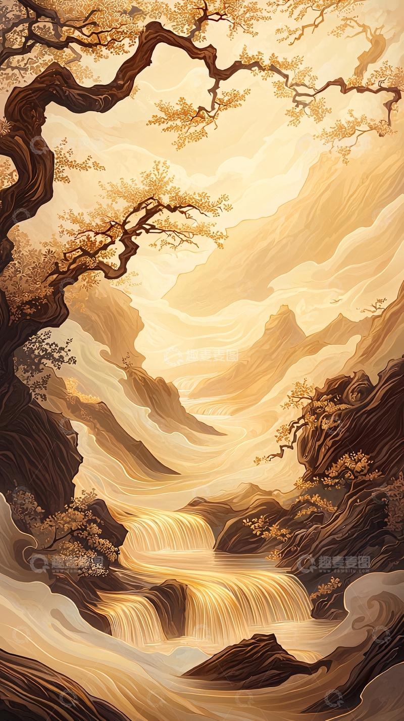 高清大图下载【趣麦麦图】秋日山间瀑布图