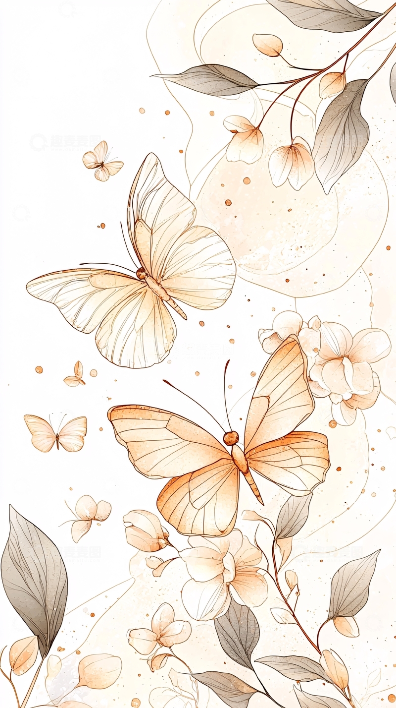 高清大图下载【趣麦麦图】秋日蝴蝶与花朵插画背景
