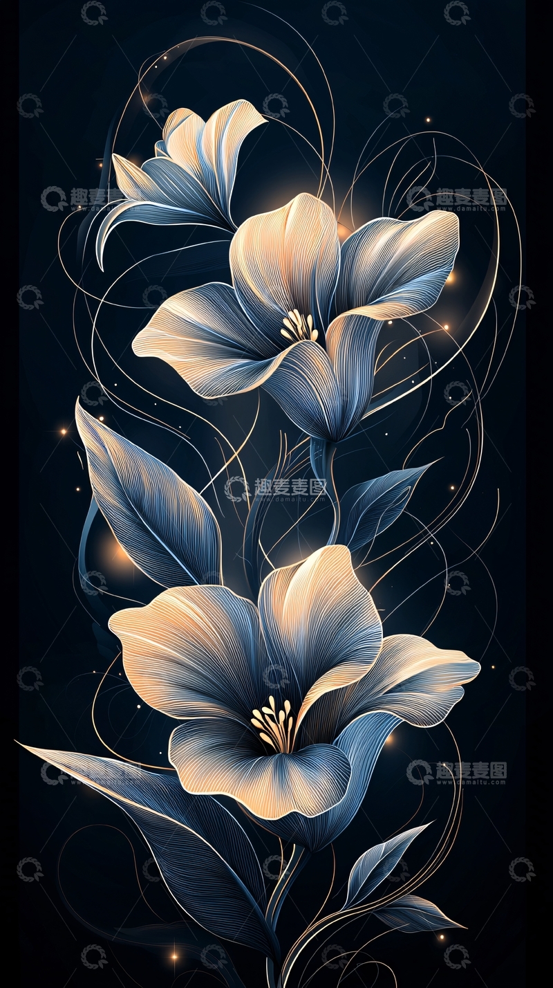 高清大图下载【趣麦麦图】梦幻蓝色花卉艺术插画