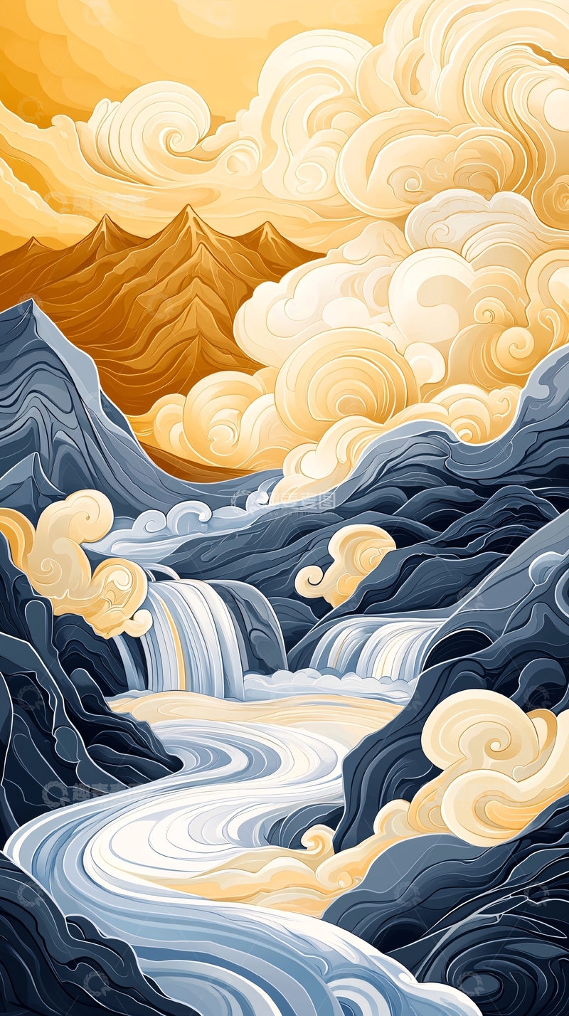 高清大图下载【趣麦麦图】云雾缭绕的山间瀑布