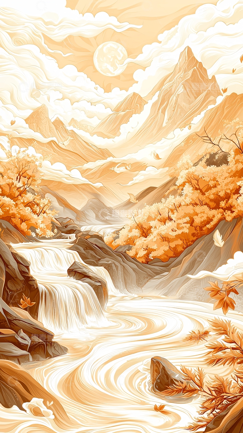 高清大图下载【趣麦麦图】秋日山间瀑布风景图