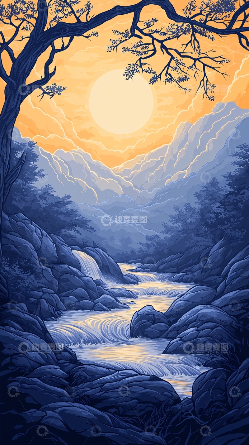 高清大图下载【趣麦麦图】夕阳下的山间小溪