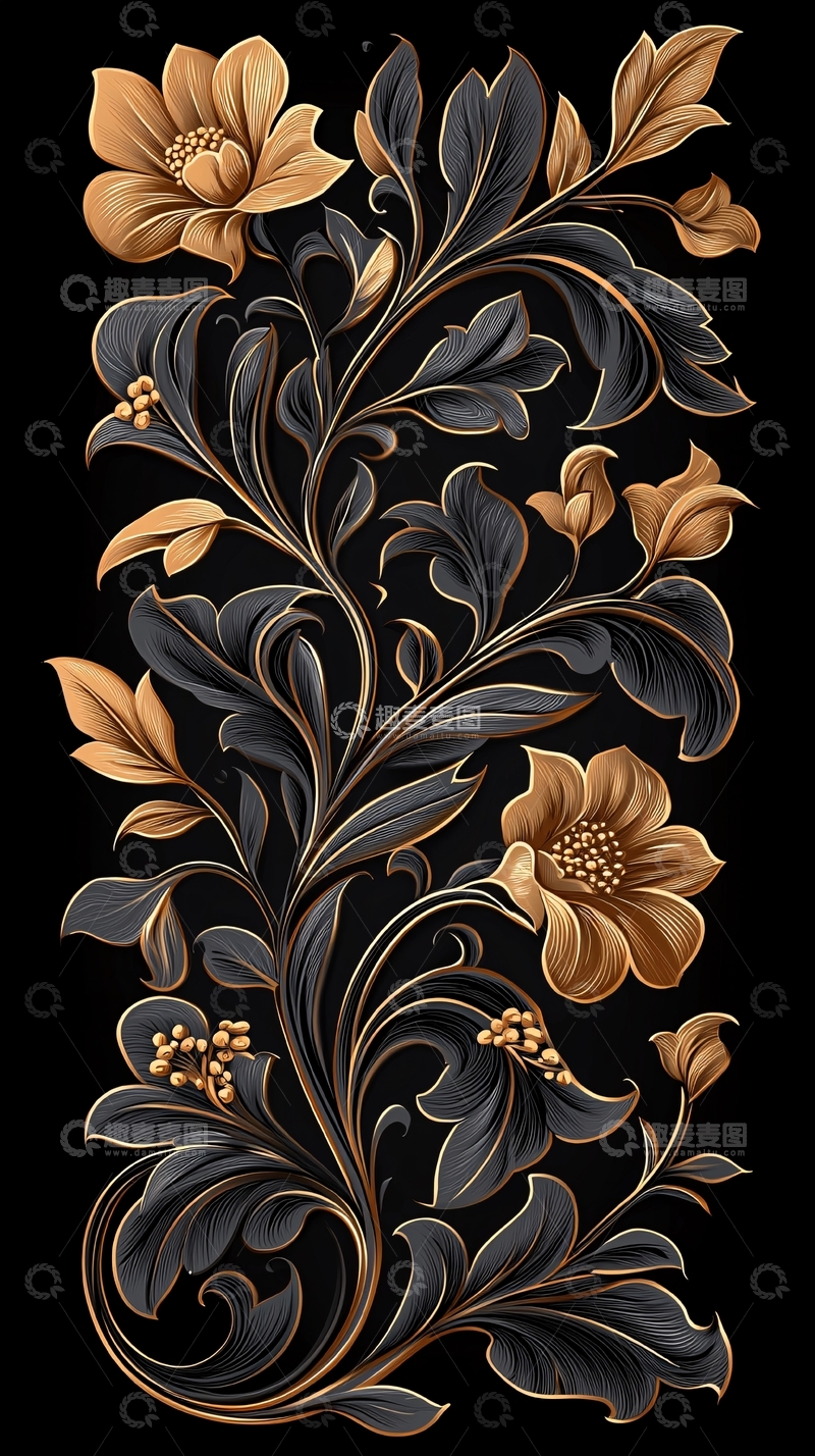 高清大图下载【趣麦麦图】金色花卉黑色背景图案