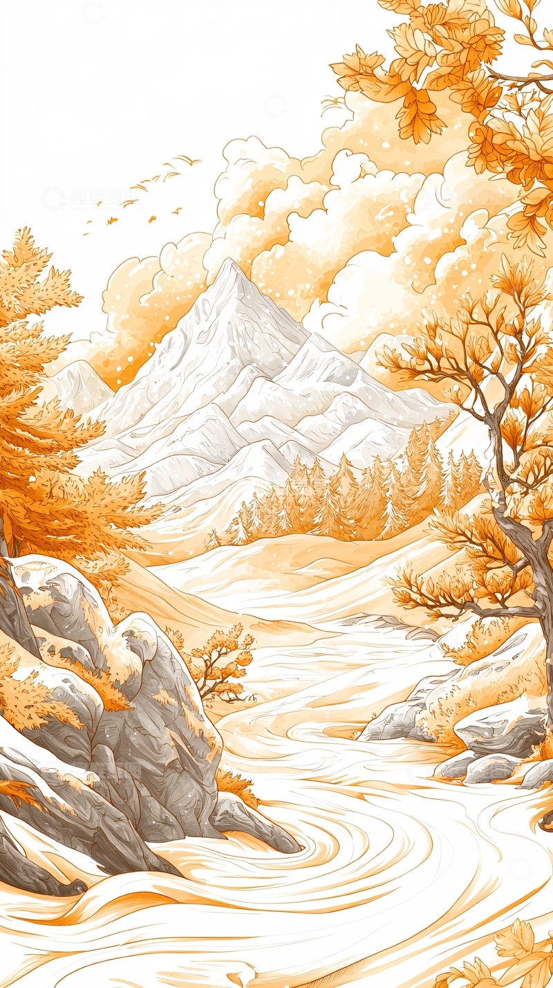 高清大图下载【趣麦麦图】秋日山川瀑布风景图