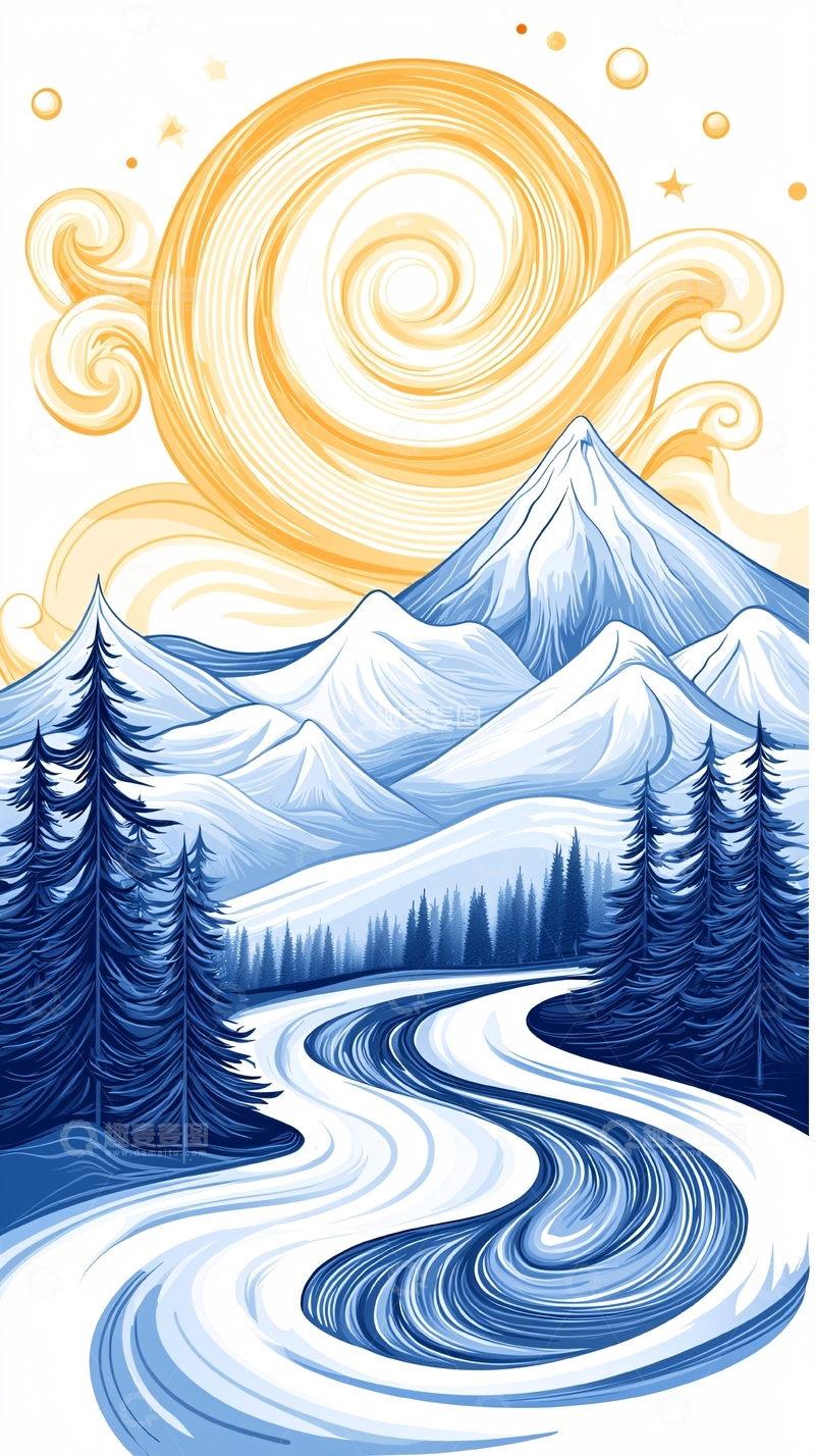 高清大图下载【趣麦麦图】冬日雪山松林风景插画