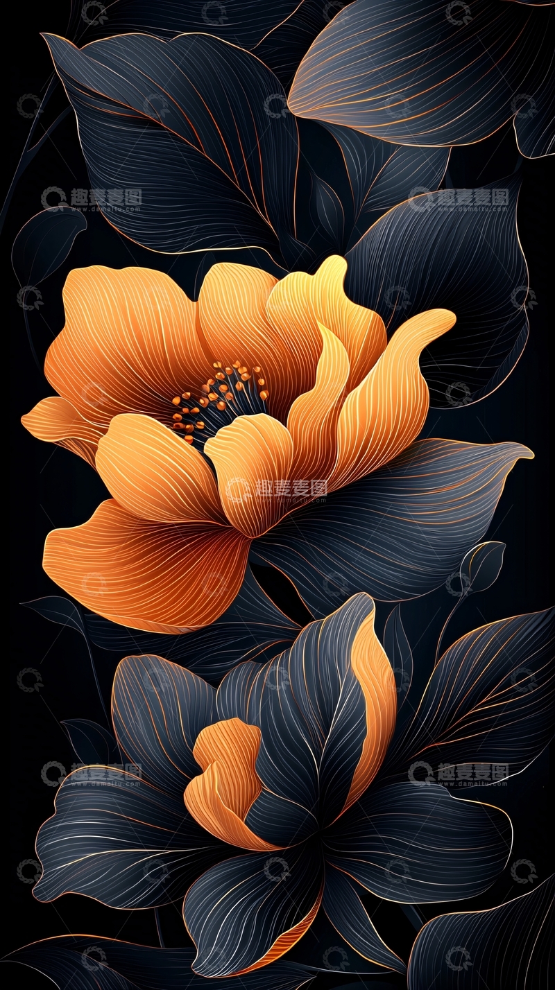 高清大图下载【趣麦麦图】橙色花卉与深色背景的艺术插画