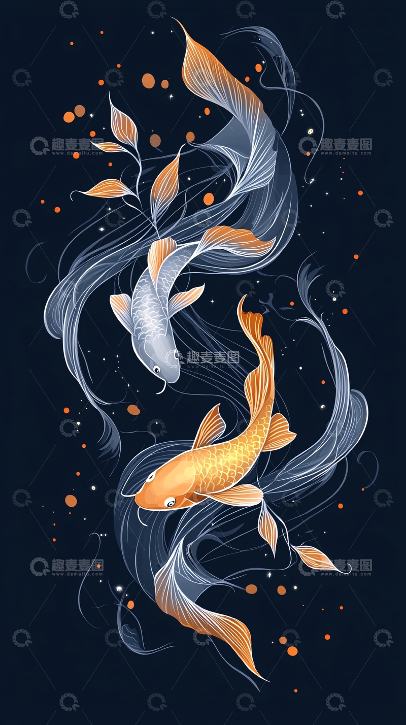 高清大图下载【趣麦麦图】梦幻鲤鱼与光点的艺术插画